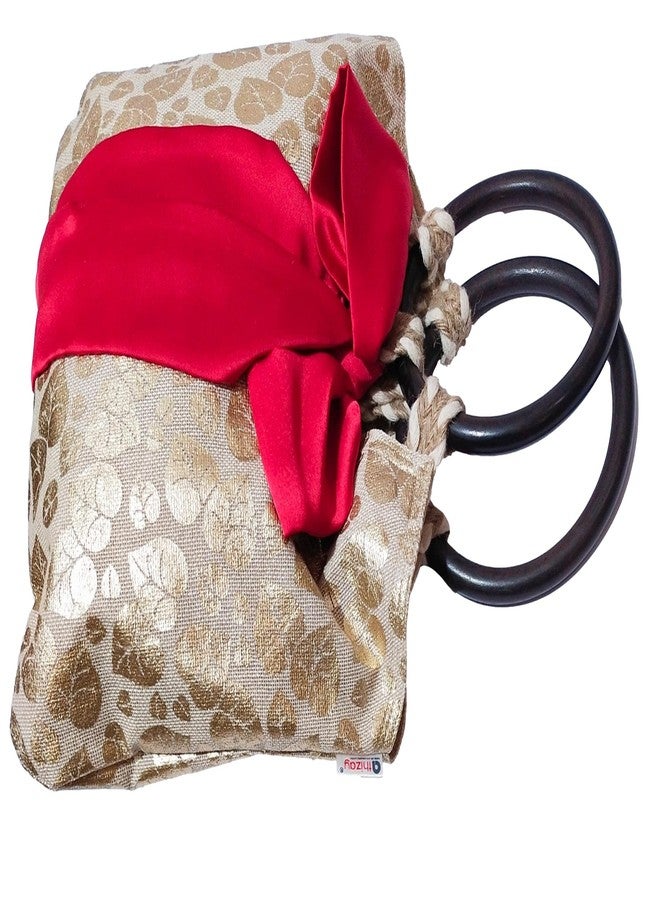athizay Jute Potli bags wooden handle tassel hanging Solid | Gold Foil Printed Jute Fabric hand carry wristlets pouch bags for women (Gold, Brown) - Image 3